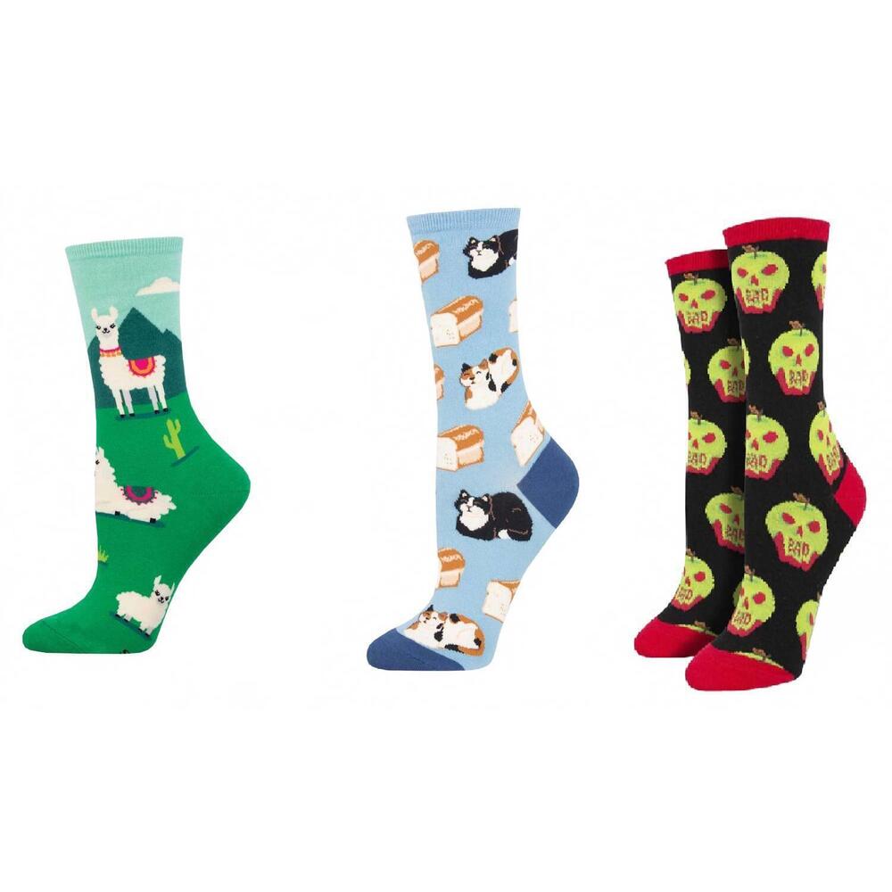 NEW SOCKSMITH women's yo llama & cat loaf & bad apple socks - set of 3 pair in m